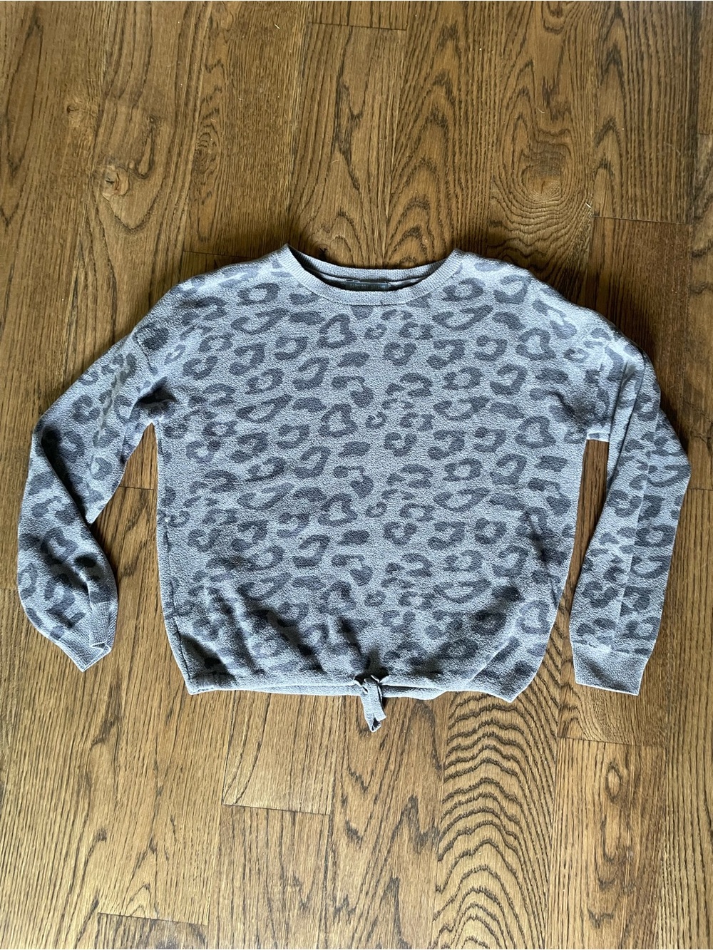 Barefoot Dreams - Gray Leopard Print Tie-Hem Sweater - Girls 12/14